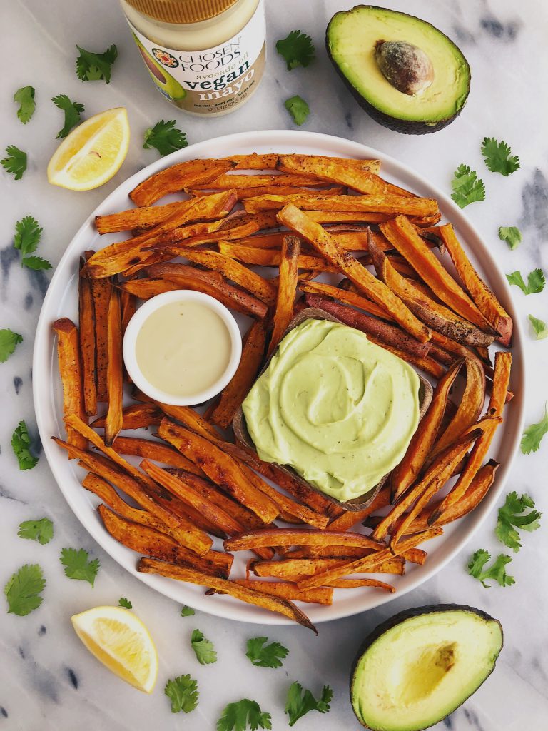 Baked Shoestring Sweet Potato Fries with Avocado Aioli for an easy and delicious gluten-free and vegan recipe!