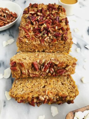 One-Bowl Vegan Carrot Cake Loaf made with sprouted spelt flour for a healthier carrot cake recipe!