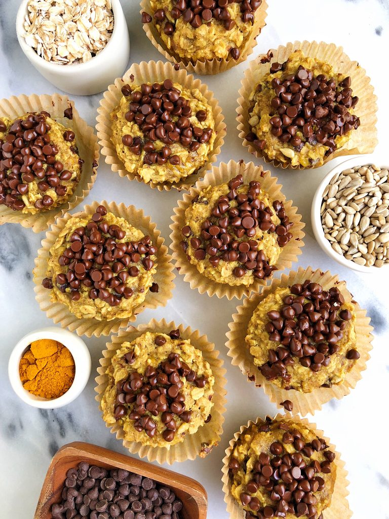 Golden Chocolate Chip Banana Bread Muffins made with vegan, gluten-free and nut-free ingredients filled with oats, seeds and anti-inflammatory turmeric!