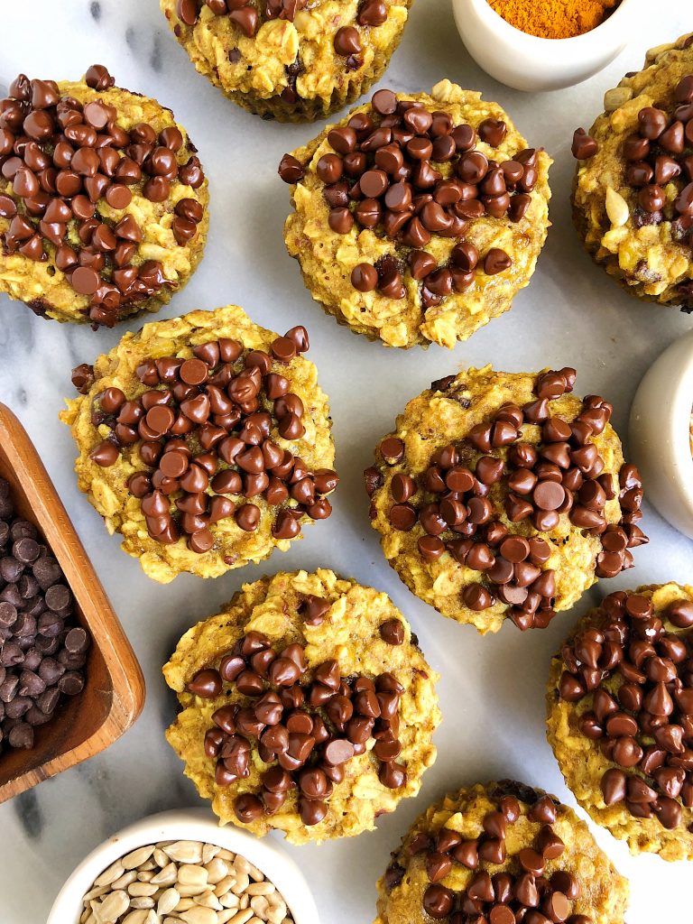 Golden Chocolate Chip Banana Bread Muffins made with vegan, gluten-free and nut-free ingredients filled with oats, seeds and anti-inflammatory turmeric!