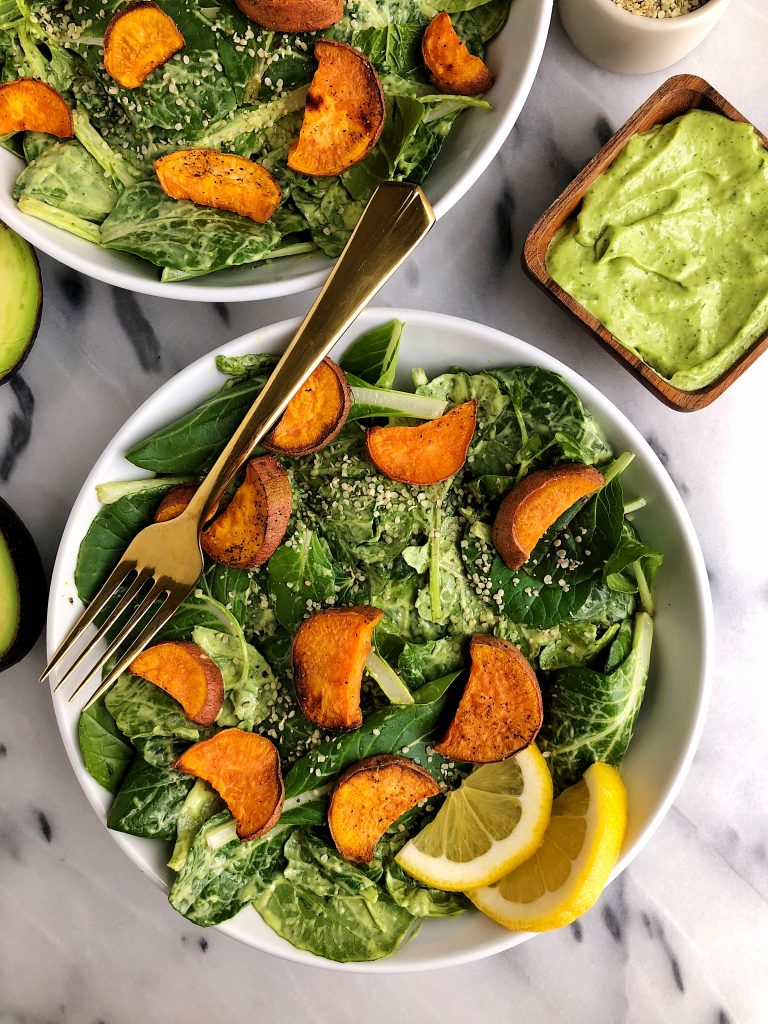 Avocado Greens Caesar Salad with Sweet Potato Croutons made with vegan and gluten-free ingredients!