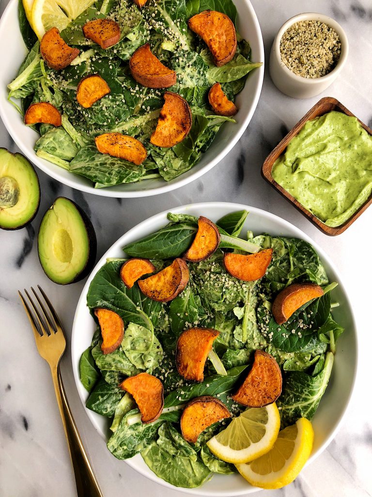 Avocado Greens Caesar Salad with Sweet Potato Croutons made with vegan and gluten-free ingredients!