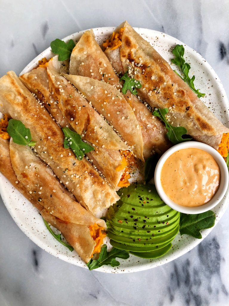 Easy Sweet Potato Veggie Taquitos made with organic bone broth for a healthier gluten-free, dairy-free crispy taquito recipe!