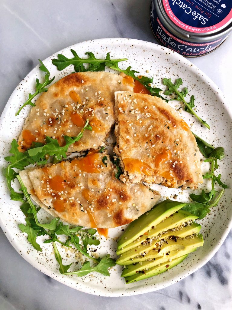 Super Simple Spicy Salmon Quesadilla made with gluten-free ingredients for a healthier quesadilla recipe!