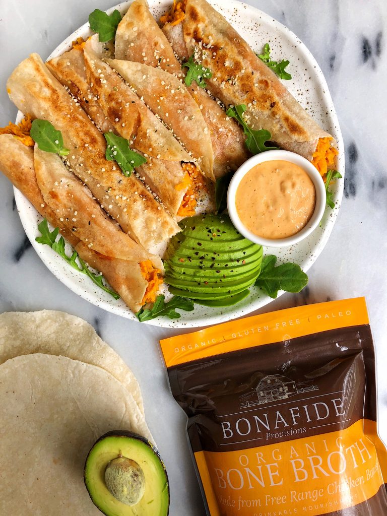 Easy Sweet Potato Veggie Taquitos made with organic bone broth for a healthier gluten-free, dairy-free crispy taquito recipe!