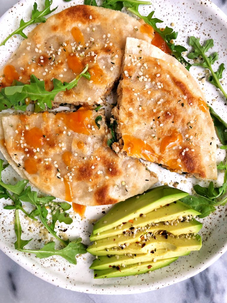 Super Simple Spicy Salmon Quesadilla made with gluten-free ingredients for a healthier quesadilla recipe!