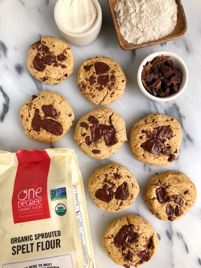 One-Bowl Vegan Chocolate Chunk Cookies made with sprouted spelt flour and with no added sugar! The easiest and healthiest chocolate chip cookies to bake to satisfy those cookie cravings!