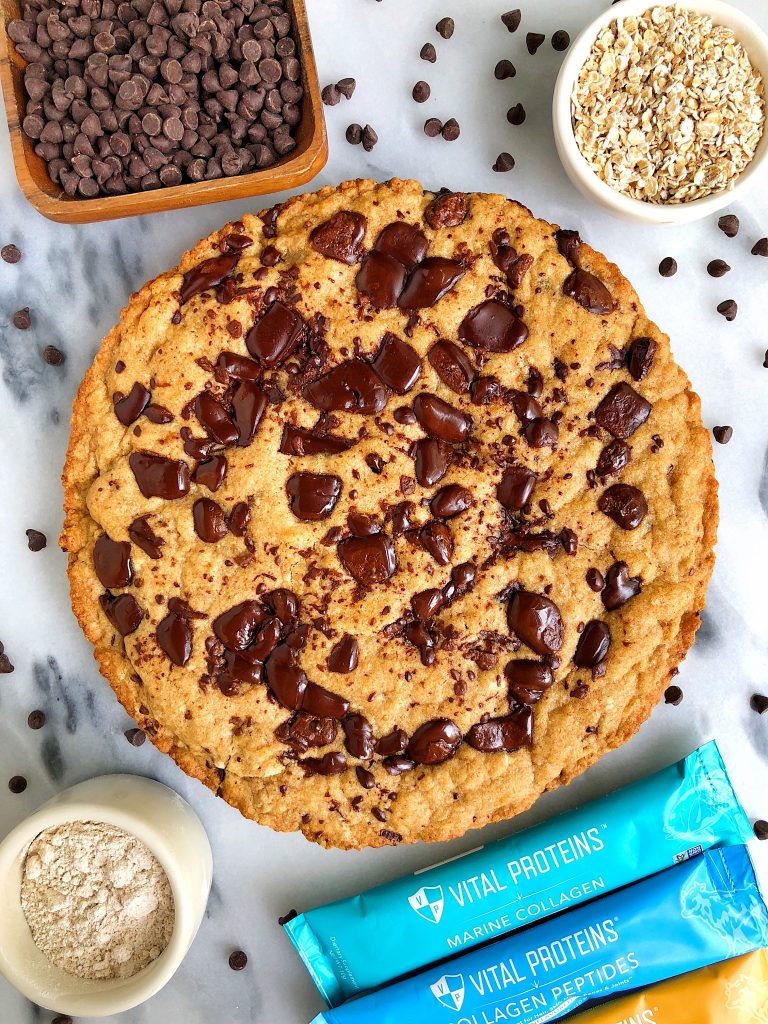Doughy Chocolate Chip Cookie Pizza made with gluten-free and nut-free ingredients and with an extra boost from collagen peptides!
