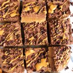 Dark Chocolate Peanut Butter Pie Bars made with a cookie crust and topped with a cashew-less chocolate pie filling sweetened with maple syrup!