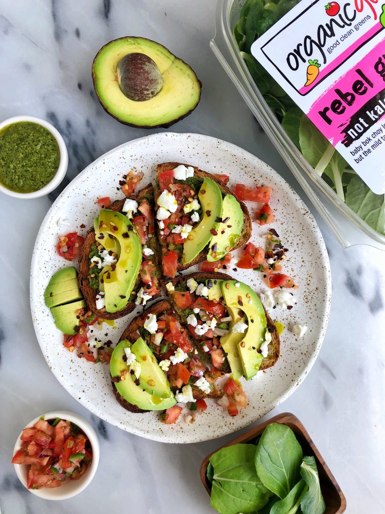 Summer Bruschetta Toast with Cashew Green Pesto made with all gluten-free and dairy-free ingredients for an easy and healthy homemade crunchy toast!