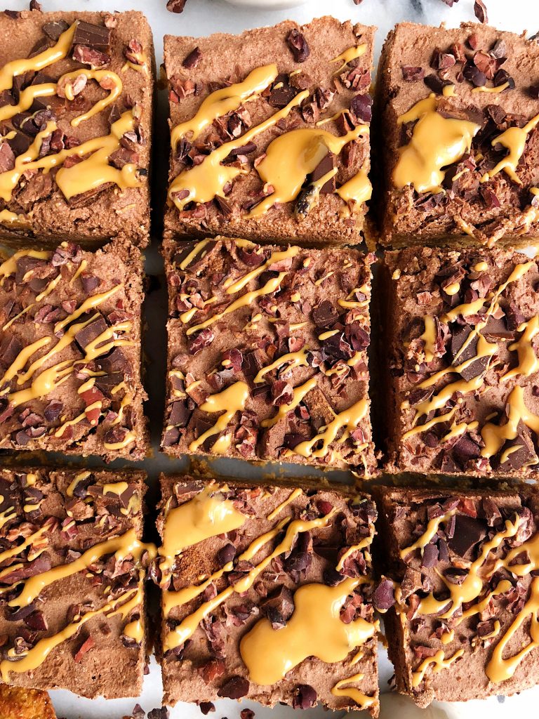 Dark Chocolate Peanut Butter Pie Bars made with a cookie crust and topped with a cashew-less chocolate pie filling sweetened with maple syrup!