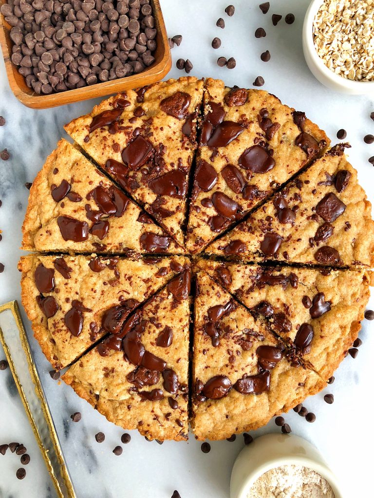 Doughy Chocolate Chip Cookie Pizza made with gluten-free and nut-free ingredients and with an extra boost from collagen peptides!