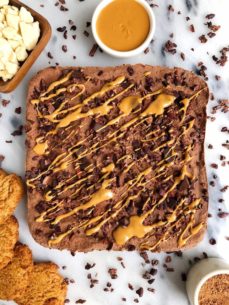 Dark Chocolate Peanut Butter Pie Bars made with a cookie crust and topped with a cashew-less chocolate pie filling sweetened with maple syrup!