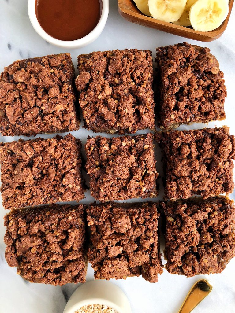 The dreamiest Chocolate Crumb Banana Bread Bars made with vegan, gluten-free and refined sugar-free ingredients!