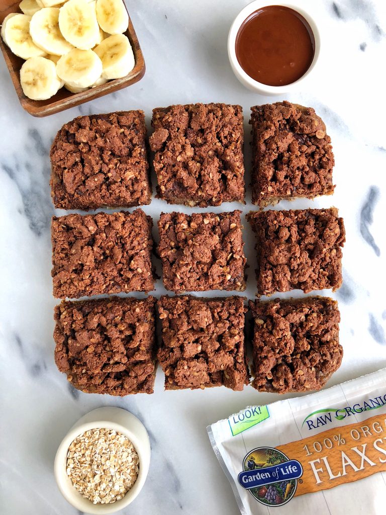 The dreamiest Chocolate Crumb Banana Bread Bars made with vegan, gluten-free and refined sugar-free ingredients!