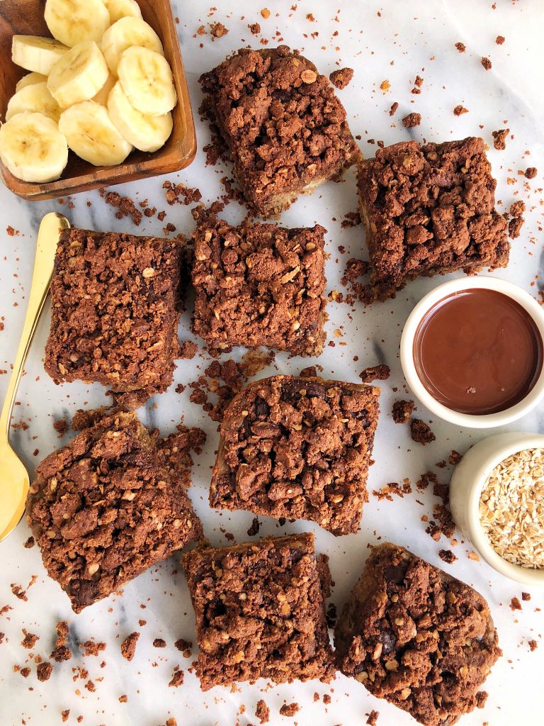 The dreamiest Chocolate Crumb Banana Bread Bars made with vegan, gluten-free and refined sugar-free ingredients!
