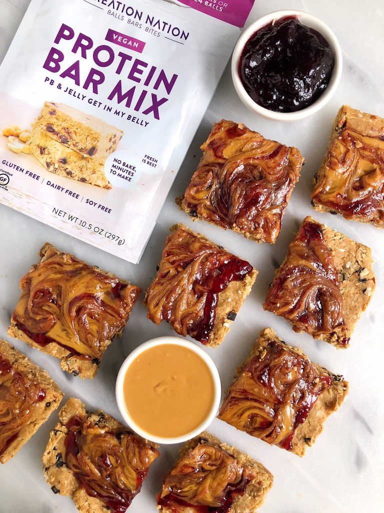 No-Bake Peanut Butter & Jelly Snack Bars made with vegan and gluten-free ingredients for an easy homemade snack!