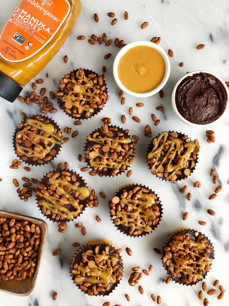 Crispy Chocolate Peanut Butter Cups made with gluten-free and dairy-free ingredients, sweetened with manuka honey!