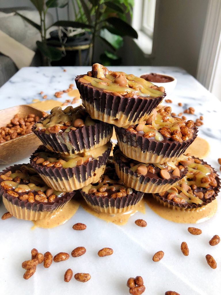 Crispy Chocolate Peanut Butter Cups made with gluten-free and dairy-free ingredients, sweetened with manuka honey!