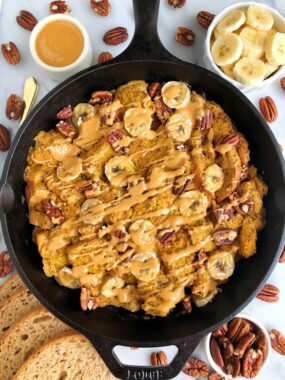 Vegan Overnight Banana Bread French Toast Bake made with sprouted bread for an easy and delicious breakfast or fall brunch recipe!