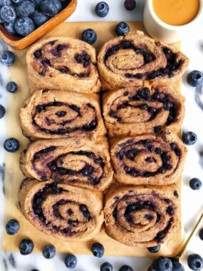 Healthy Homemade Blueberry Cinnamon Rolls made with gluten-free and refined sugar-free ingredients and filled with a dreamy blueberry filling!