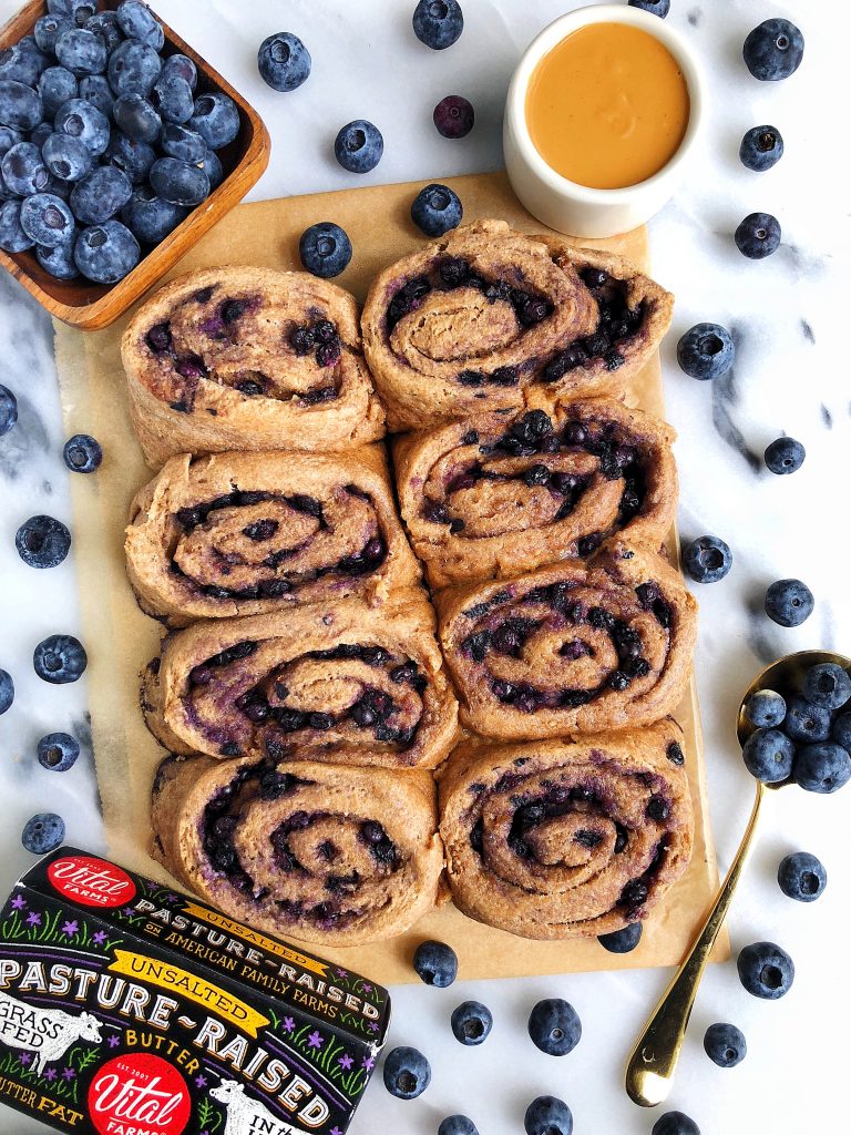 Healthy Homemade Blueberry Cinnamon Rolls made with gluten-free and refined sugar-free ingredients and filled with a dreamy blueberry filling!