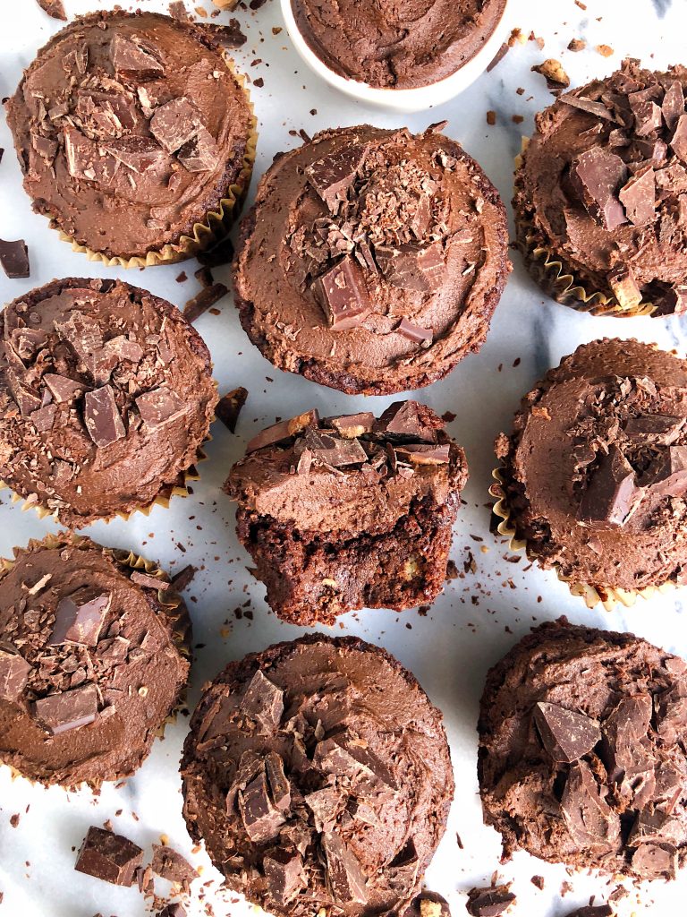 Healthy Gooey Double Chocolate Pumpkin Cupcakes made with all vegan and paleo ingredients for an easy homemade cupcake recipe filled with dark chocolate!