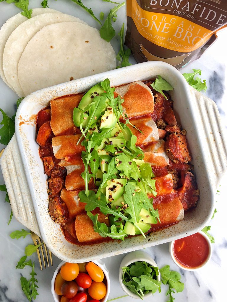 Sweet Potato Quinoa Enchiladas made with all gluten-free and dairy-free ingredients and made with a homemade enchilada sauce using bone broth!