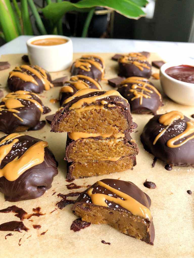 Dark Chocolate Peanut Butter Pumpkin Candies made with plant-based, grain-free and gluten-free ingredients. Plus they have extra protein in them!