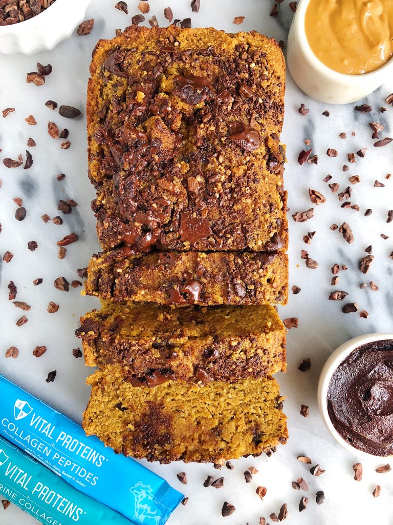 Paleo Pumpkin Chocolate Chip Breadwith Collagen Peptides for an easy and healthy pumpkin bread recipe, perfect for an epic breakfast idea or snacking any time of the day!