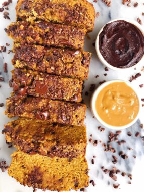 Paleo Pumpkin Chocolate Chip Breadwith Collagen Peptides for an easy and healthy pumpkin bread recipe, perfect for breakfast or snacking!