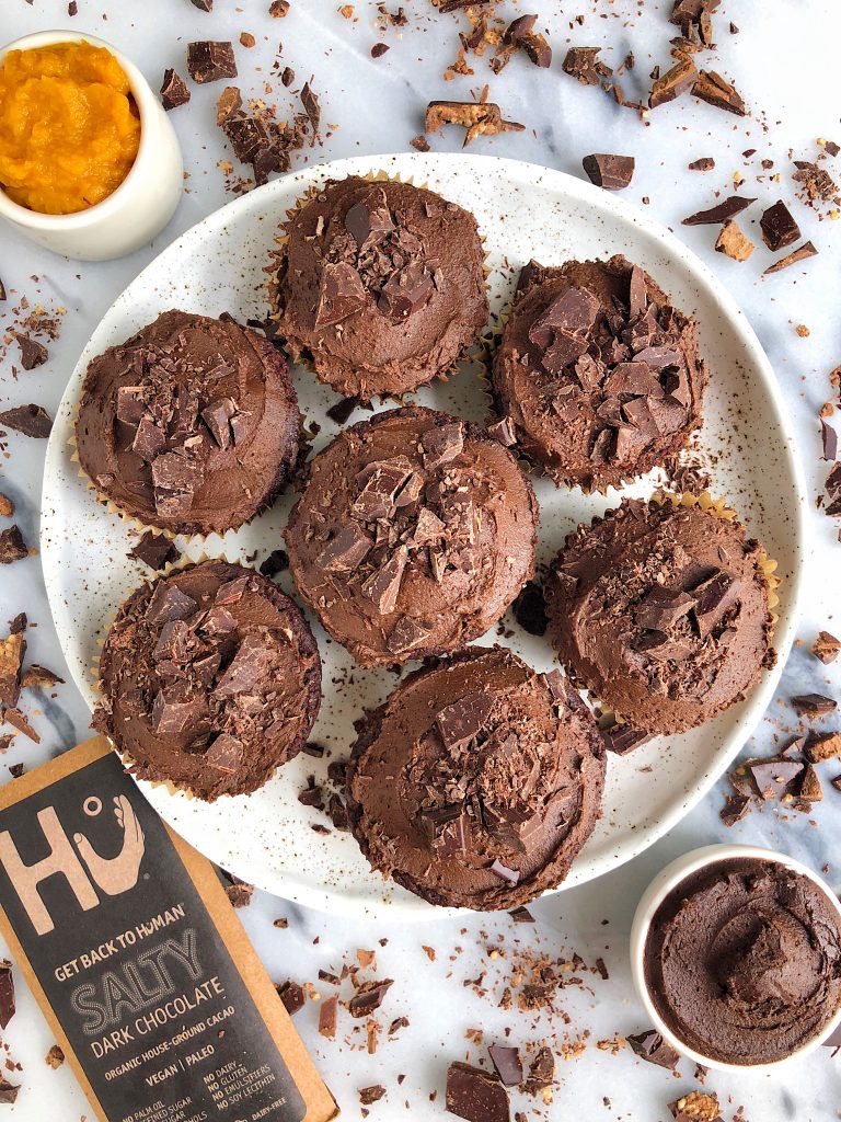 Healthy Gooey Double Chocolate Pumpkin Cupcakes made with all vegan and paleo ingredients for an easy homemade cupcake recipe filled with dark chocolate!