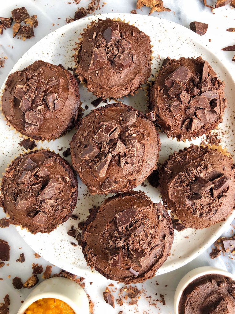 Healthy Gooey Double Chocolate Pumpkin Cupcakes made with all vegan and paleo ingredients for an easy homemade cupcake recipe filled with dark chocolate!