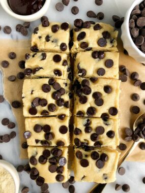 5-ingredient Chocolate Chip Cookie Dough Fudge Squares made with gluten-free and dairy-free ingredients and sweetened with manuka honey!