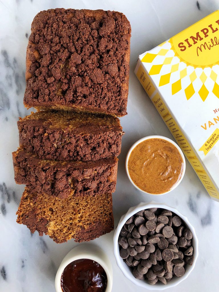 Vegan Chocolate Chip Gingerbread Loaf with a homemade chocolate crumb topping made with all vegan and grain-free ingredients!