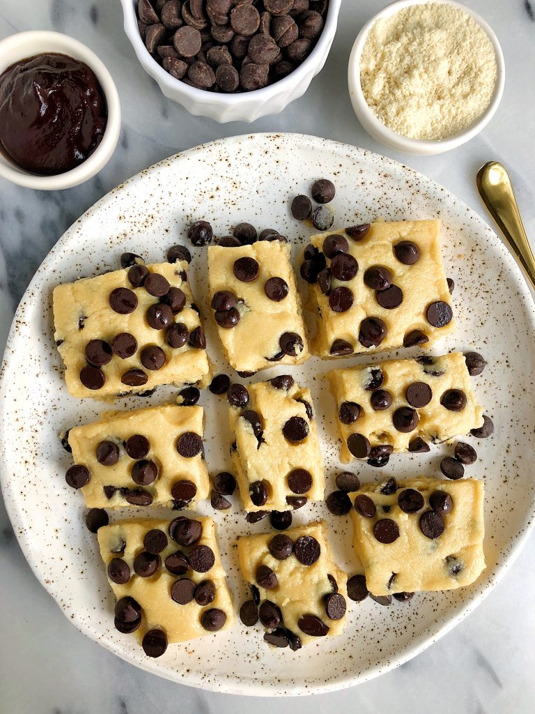 5-ingredient Chocolate Chip Cookie Dough Fudge Squares made with gluten-free and dairy-free ingredients and sweetened with manuka honey!