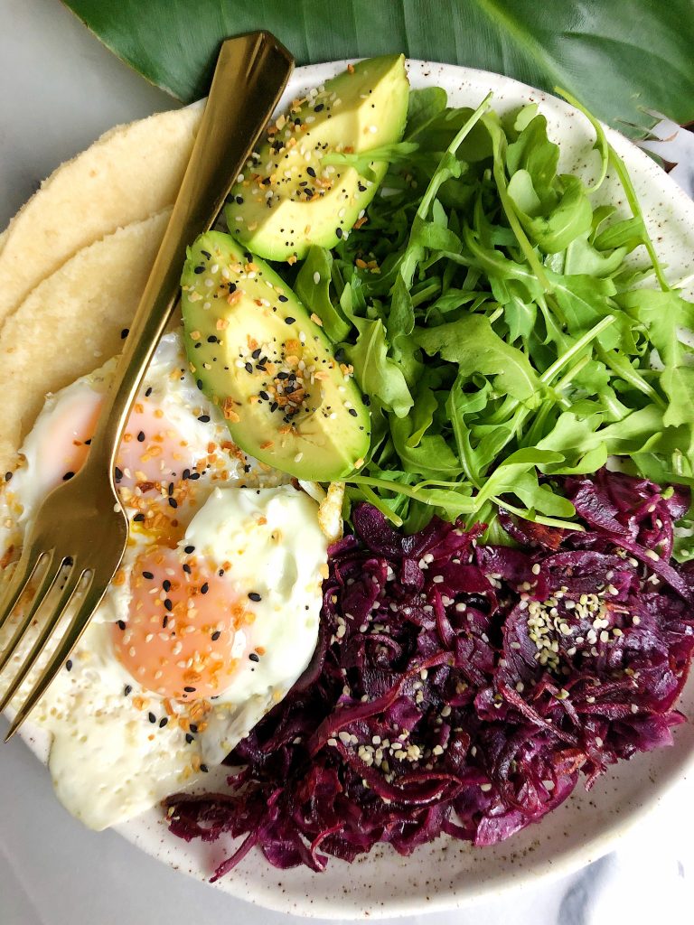 5-minute Savory Breakfast Plate filled with healthy fats, protein and extra greens for a quick and easy meal for anytime of the day!