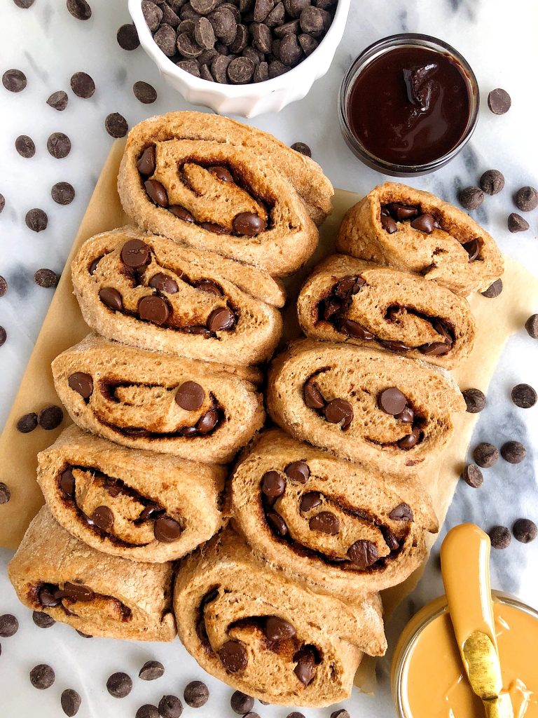 Healthier Gluten-free Dark Chocolate Chip Cinnamon Rolls made with gluten-free oat flour, almond milk and other simple ingredients! 