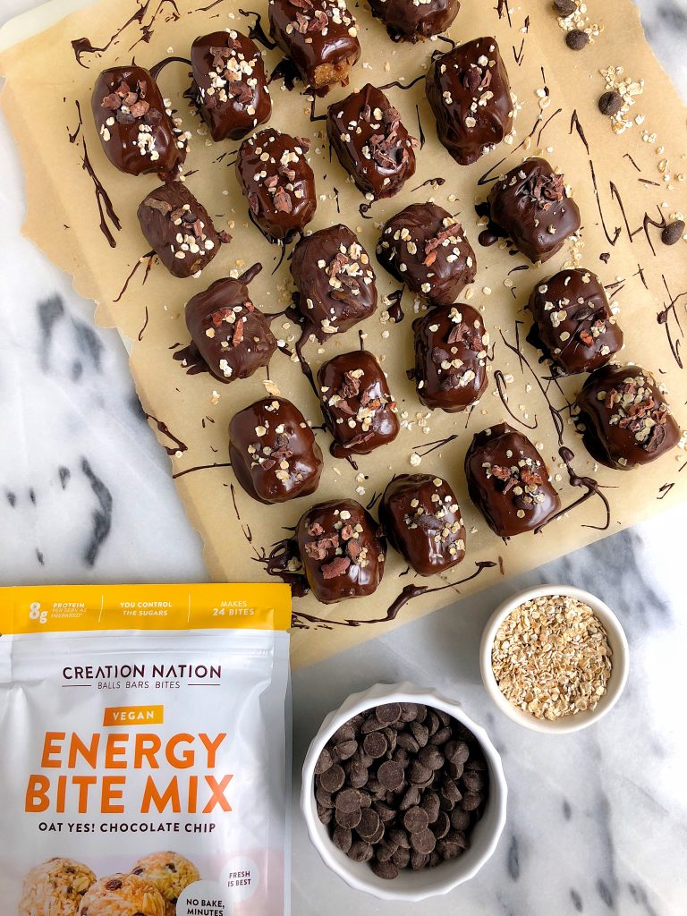 Vegan Chocolate Chip Oatmeal Cookie Truffle Bars made with gluten-free ingredients and sweetened with dates for a delicious easy cookie truffle!