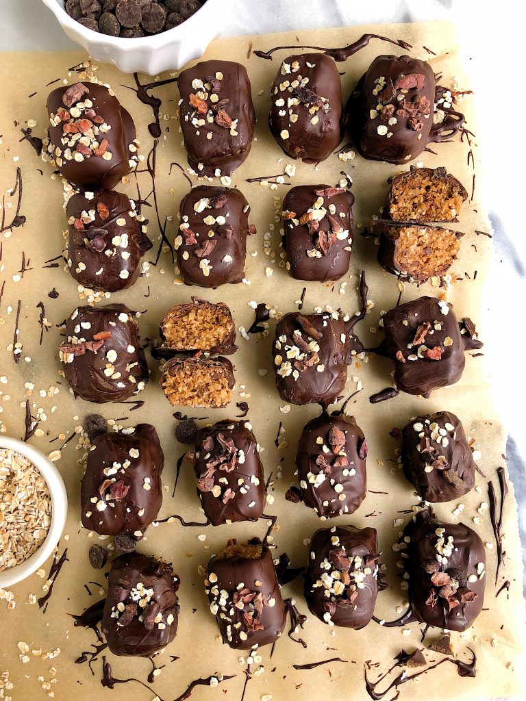 Vegan Chocolate Chip Oatmeal Cookie Truffle Bars made with gluten-free ingredients and sweetened with dates for a delicious easy cookie truffle!