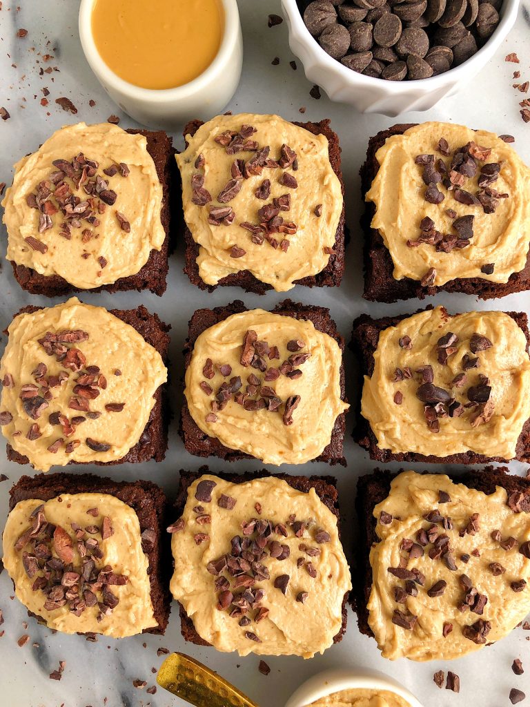 One-Bowl Healthy Vegan Brownies with a homemade Peanut Butter Frosting for an easy and delicious gluten-free and refined sugar-free brownie recipe!