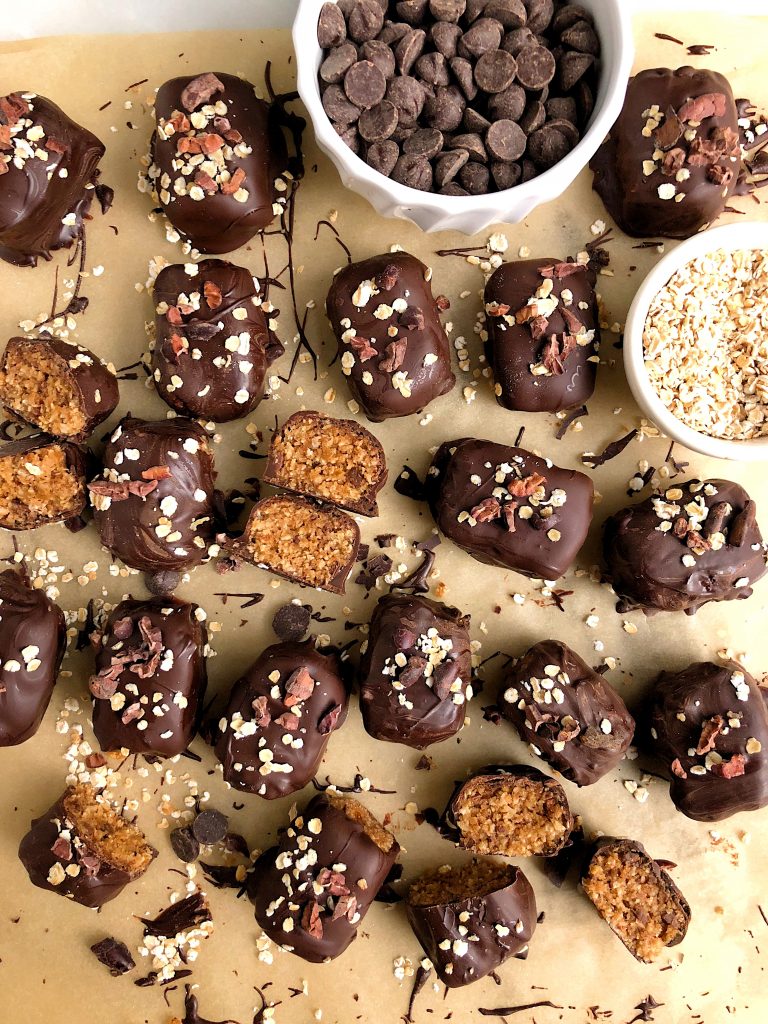 Vegan Chocolate Chip Oatmeal Cookie Truffles made with gluten-free ingredients and sweetened with dates for a delicious easy cookie truffle!