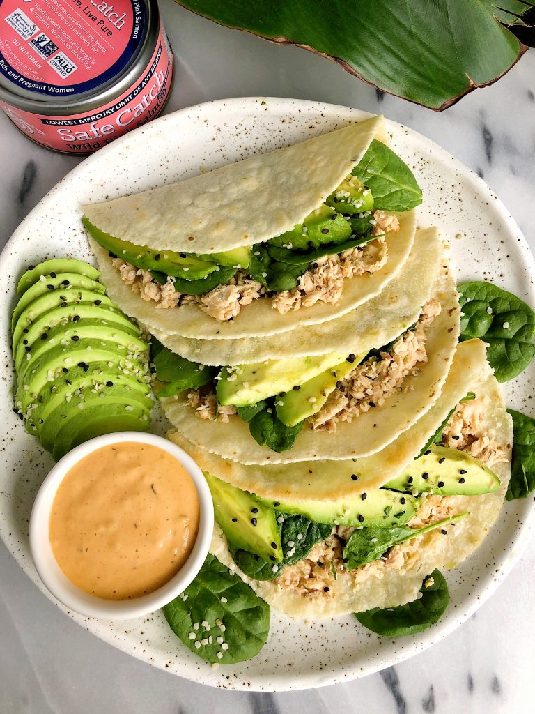 Healthier Crispy Pan-Fried Salmon Tacos made with just a few gluten-free ingredients for a simple and easy homemade lunch or dinner!