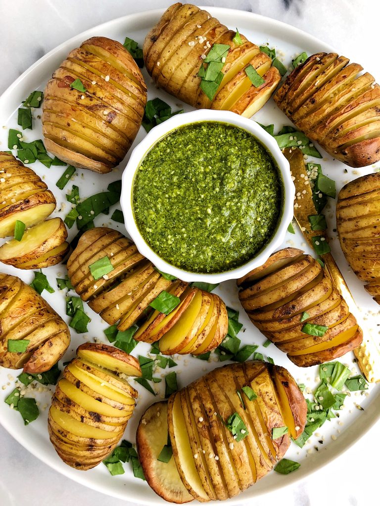 Hasselback Potatoes with Garlic Basil Pesto Whole30