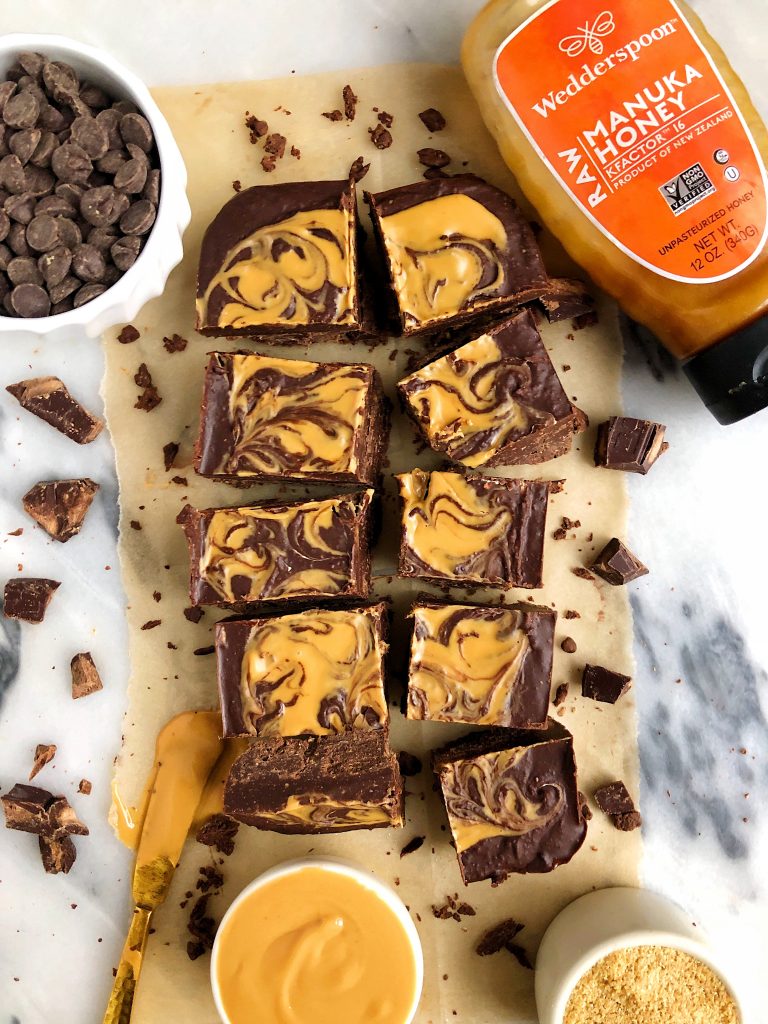 Gluten-free Chocolate Peanut Butter Freezer Fudge made with five simple ingredients for a delicious and healthy crunchy chocolatey fudge 