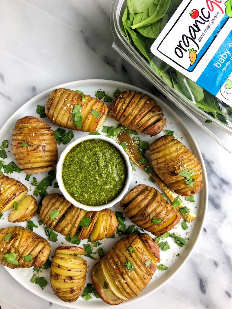 Sharing these Whole30 Hasselback Potatoes with Garlicky Basil Pesto. One of my favorite vegan and Whole30 approved recipes to make!