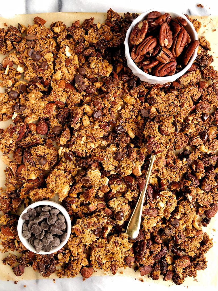 Super Chunky Grain-free Chocolate Chip Granola made with all vegan and gluten-free ingredients for an easy and healthy nut-based granola recipe!