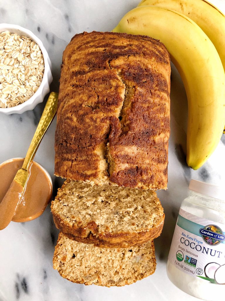 Vegan Cinnamon Roll Banana Bread mad with all gluten-free and nut-free ingredients for an easy banana bread recipe with a cinnamon roll twist!