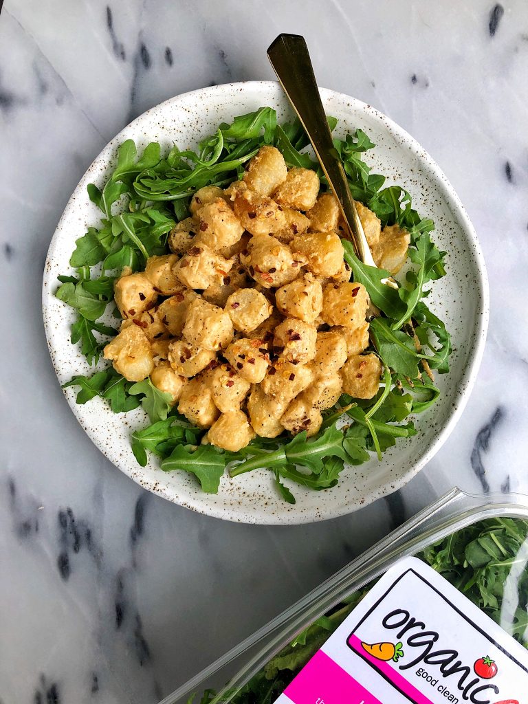 Crispy Cauliflower Gnocchi Mac and Cheese using Trader Joe's Cauliflower Gnocchi and a dreamy and healthy vegan cheese sauce.