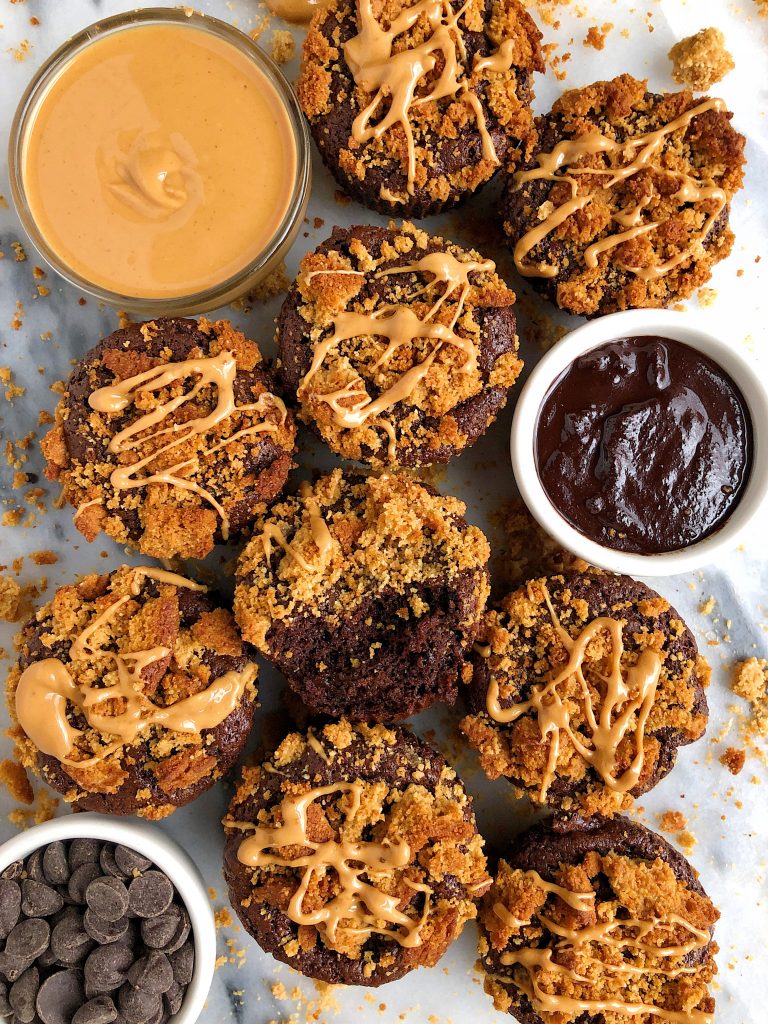 Grain-free Peanut Butter Cookie Brownies made with all gluten-free, dairy-free and refined sugar-free ingredients! These Fudgey brownie cups are topped with a crunchy peanut butter cookie topping for an extra peanut buttery flavor!